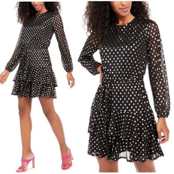 NWT City Studio Black & Metallic Gold Polka Dots Ruffled Fit & Flare Dress Black - Picture 1 of 16
